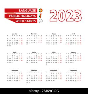 Kalender 2023 in portugiesischer Sprache mit Feiertagen das Land Portugal im Jahr 2023. Die Woche beginnt am Montag. Vektordarstellung. Stock Vektor