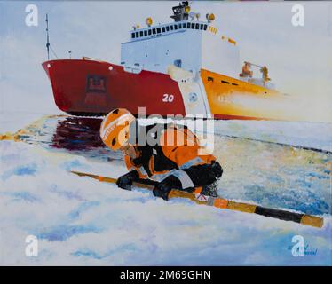 Ein Crewmitglied von Coast Guard Cutter HEALY zieht sich während des Eisrettungstrainings aus dem eisigen Arktischen Ozean, während die strahlende Nordsonne Licht auf den Cutter strahlt. In der Zwischenzeit untersuchen Wissenschaftler im Ausland die Ozeandynamik für das Büro für Marineforschung. Mit Hilfe der Küstenwache werden die Wissenschaftler Sensoren und halbautonome U-Boote einsetzen, um die Forschung zu unterstützen. Die HEALY, Homeportiert in Seattle, ist das einzige Militärschiff, das der Forschung in der Arktis gewidmet ist. US Coast Guard Art Program 2022 Kollektion, GEBH ID# 202201, „Ice Training off the Cutter HEALY“, Da Stockfoto