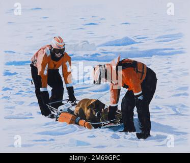 Während der Eisbrecher-Aufgaben in der Nähe von Detroit, Michigan, entdeckte die Crew der Coast Cutter BRISTOL BAY einen verletzten und anscheinend verlassenen Hund auf einem Eisfluss. Zwei Crewmitglieder wurden entsandt, um den verzweifelten Hund zu retten. Der Hund wurde an Bord gebracht, wo sich die Crew um ihn und seine zahlreichen Verletzungen kümmerte. Er wurde von den Besatzungsmitgliedern treffend als „Lucky“ bezeichnet und später an die örtlichen Behörden überstellt, als der Abschneider in den Hafen zurückkehrte. US Coast Guard Art Program 2022 Kollektion, GEBH ID# 202230, 'A Lucky Rescue', J.C. Jim Smith, Aquarell, 15,8 x 18,5 Stockfoto