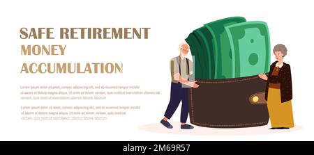 Landing Page Template.Happy Senior Pensioners Woman,man Charaktere halten riesige Geldbörse mit Geld,Grüne Scheine,Notizen.Finanzvermögen,Geldakkumulation,Rentenersparnis,wohlhabender Ruhestand.Vector Flat Stock Vektor