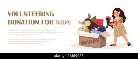 Landing Page Template Action for Kids.Children Help Children.Girl take Free Toys from Donation Box,Children Social Support and Assistance Concept.Humanitarian Aid to poor Kids.Flat Vector Illustration Stock Vektor