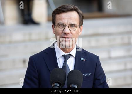 Paris, Frankreich, 03. Januar 2023, Interview zwischen dem schwedischen Premierminister Ulf Kristersson und dem französischen Präsidenten Emmanuel Macron, Francois Loock/Alamy Credit: Loock francois/Alamy Live News Stockfoto