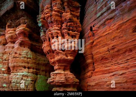 Bunte Sandsteinfarbung Altschlossfelsen, Eppenbrunn, Pfalz, Deutschland Stockfoto