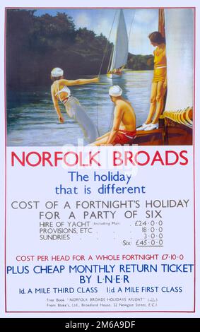 Vintage LNER Railway-Plakat für Urlaubsreisen nach Norfolk Broads, East Anglia Stockfoto