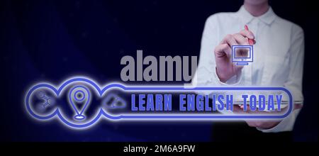Textüberschrift Präsentation Englisch heute lernen. Geschäftsvorführung Erlernen oder Erlernen von Englischkenntnissen und -Fertigkeiten Stockfoto