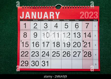 Kalender 2023, Januar, Monatsplaner für Wand und Schreibtisch. Stockfoto