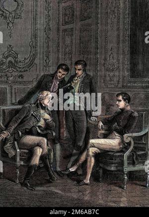 Jean Jacques Regis de Cambaceres (1753-1824) Exposant a Bonaparte, alors Premier Consul, et aux freres de celui-ci Joseph et Lucien, son ingenieuse combination pour faire nommer Bonaparte Consul a vie' vers 1804 - (Cambaceres schlägt Bonapartes Ernennung zum Konsul für das Leben vor) Gravure d'apteaux Felpteix Stockfoto