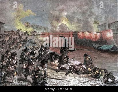 Schlacht von Toulouse: Letzter Kampf zwischen den britischen und spanischen Streitkräften unter Wellington gegen die französische 1814 - Bataille de Toulouse 10 avril 1814 entre les troupes de l'armee imperiale commandee par le marechal Soult et les troupes de la Coalition anglo-hispano-portugaise - les ecossais de Picton repousses pont Matabiau - gravure1879 Stockfoto