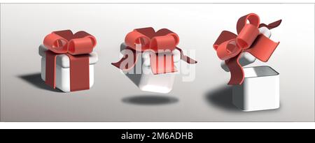 Set 3D Geschenksymbol. Weiße Box mit roter Schleife. vektordarstellung EPS10 Stock Vektor