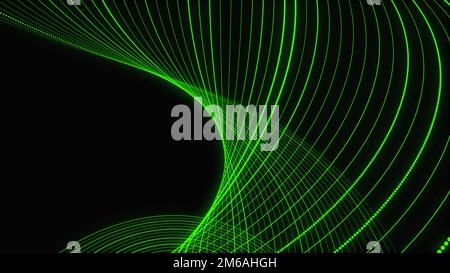 Grüne Twist-Datenverbindungswelle. Abstrakter Technologie-Stream-Hintergrund. Digitale dynamische Welle von Punkten. Netzwerkverbindungsstruktur. 3D-Rendering. Stockfoto