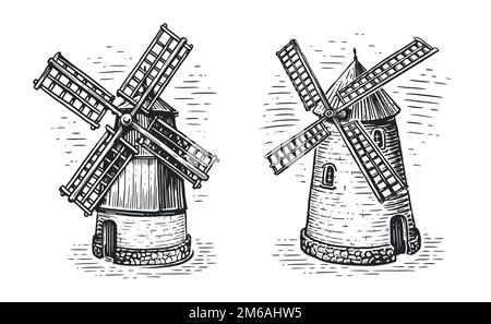 Old windmill in sketch style. Farm, agriculture concept. Engraved vector illustration Stock Vektor