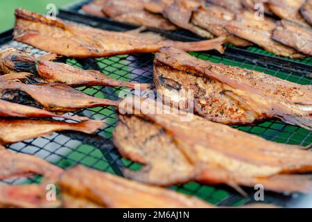 Auswahl an hausgemachtem Räucherfisch auf einem Bauernmarkt in Vilnius, Litauen. Kaziukas, traditionelle Frühjahrsmesse in der Hauptstadt Litauens. Stockfoto