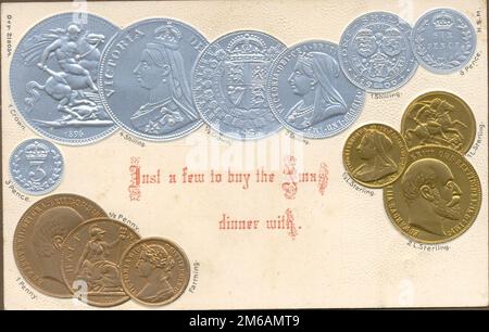 Chromolitlhographierte geprägte Postkarte mit britischen Münzen, die als amüsante Weihnachtsgrüße um 1902 gesendet wurde Stockfoto