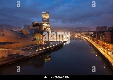 Blick über das Guggenheim-Museum und den Fluss Nervion, Bilbao, Spanien Stockfoto