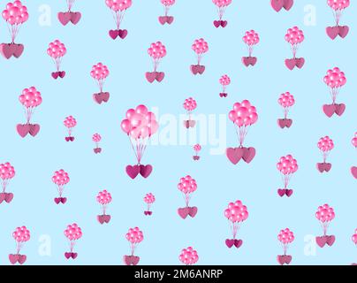 Gestalte 3D pinkfarbene Herzen mit Ballons auf blauem Hintergrund, kreatives Kunstliebesdesign Stockfoto