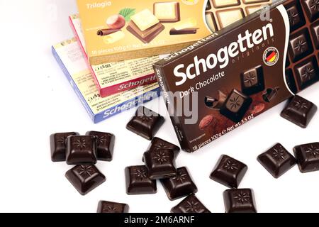 KIEW, UKRAINE - 4. MAI 2022 Schogetten Schokolade. Schokoladenwaren, hergestellt von Ludwig Schokolade GmbH und Co KG einer der erfolgreichsten Süßwarenlieferanten in Europa Stockfoto