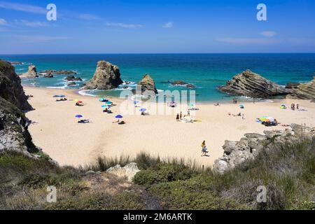 Sandstrand von Samouqueira, Vicentina Küste, Porto Covo, Sines, Alentejo, Portugal Stockfoto