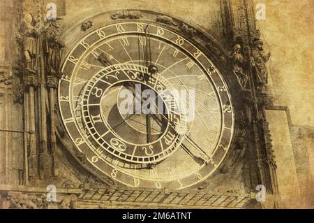 Vintage-Bild der Prager astronomischen Uhr Orloj in der Prager Altstadt Stockfoto