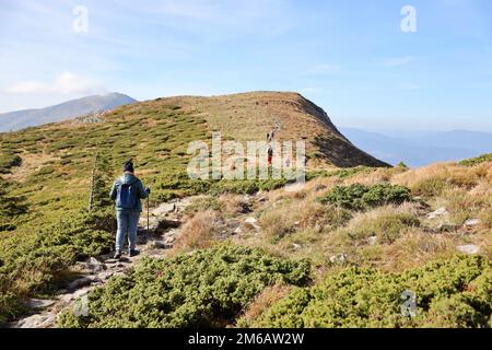 KARPATEN, UKRAINE - 8. OKTOBER 2022 Mount Hoverla. Karpaten in der Ukraine im Herbst. Touristen wandern durch Hügel und Wälder bis zum Gipfel des Hoverla Berges Stockfoto