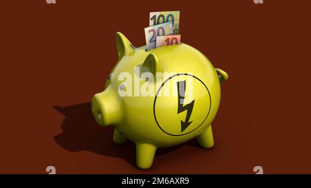 Sparschwein mit Energiesymbol und Euro-Scheinen Stockfoto