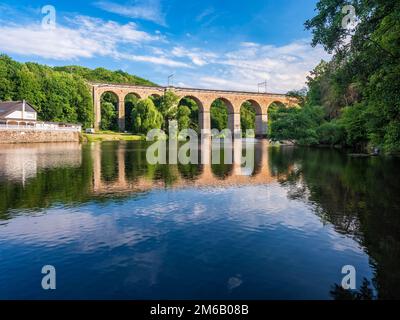 Viadukt Limmritz, Eisenbahnbrücke über den Fluss Zschopau, Doebeln, Sachsen, Deutschland Stockfoto