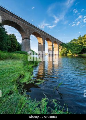 Viadukt Limmritz, Eisenbahnbrücke über den Fluss Zschopau, Doebeln, Sachsen, Deutschland Stockfoto