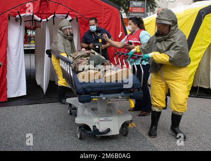 Mitarbeiter des Product Manager Medical Simulation Teams von PEO STRI spielten eine Schlüsselrolle bei der regionalen Notfallübung für Massenverletzte im April 21 in Orlando. Unter der Leitung der Central Florida Medical Disaster Coalition und neben dem Brand- und Notfallteam von Stadt und Bezirk, Krankenhausmitarbeitern und nicht-Regierungsbehörden bediente das medizinische Simulationspersonal von PEO STRI medizinische Simulatoren mit mittlerer und hoher Wiedergabetreue, um bei großen Übungen Verluste zu verursachen. Diese Art der Zusammenarbeit und Ausbildung mit lokalen Behörden und Gesundheitsexperten Stockfoto