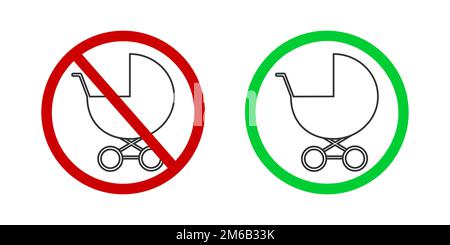 Kinderwagen verboten und auf Symbole zugegriffen. Für Kinder verbotene oder freundliche Zonenetiketten für öffentliche Orte. Schlittenpiktogramm in roten Verbotsschildern und grünen zulässigen Schildern. Flache Vektordarstellung. Stock Vektor