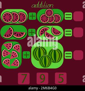 Zählen Sie die Wassermelonen im Bild, und geben Sie die gewünschte Zahl ein Stock Vektor