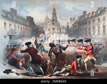 Crispus Attucks (c. 1723-1770). Darstellung des Bostoner Massakers im Jahre 1770, der die Ermordung von Crispus Attucks zeigt, aus einem Gemälde von William L. Champney, Lithograf von J. H. Bufford (Lithograf), 1856 Stockfoto