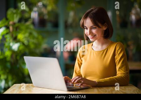 Junge Frau, die am Laptop arbeitet, während sie im Café sitzt Stockfoto