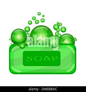 Seife mit Schaum ablegen. Grünes Seifenstück mit Blasen. Seife wird auf Seife geschweißt für Hygiene und Körperpflege. Kosmetik, Spa, Waschen oder Kosmetikartikel. Vektordarstellung Stock Vektor