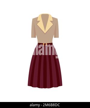 Damenkleid mit Reverskragen, knielanges Kleid mit Gürtel, Vorder- und Rückansicht, Vektor, EPS 10 Stock Vektor