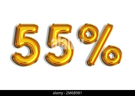 55 % Rabatt auf realistische 3D-Heliumballons in Gold. Abbildung: Goldenes Prozentsymbol für Verkaufsposter, Banner, Anzeigen, Shop Stockfoto