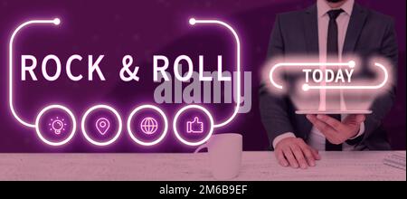 Textbeschriftung mit Rock Roll. Wort für musikalisches Genre beliebte Tanzmusik mit kräftigem Beat Stockfoto