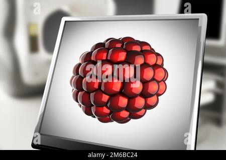 Eine wissenschaftliche Illustration eines einzelnen Atoms auf dem Monitor im Labor Stockfoto