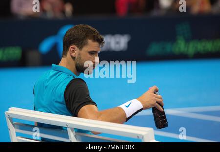 Grigor Dimitrov besiegte Monfils in einem Demonstrationsspiel in Arena Armeec Hall, Sofia Stockfoto