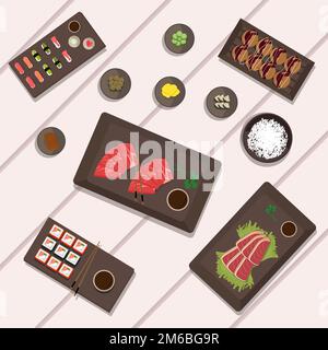 Speisen der japanischen nationalen Küche Takoyaki Lachs Steak, Sushi und Takoyaki, Gewürze und Reis sowie Shabu-Shabu. Vektordarstellung Stock Vektor