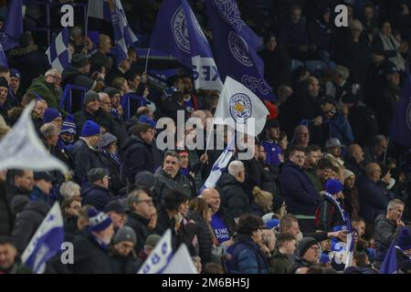 Leicester, Großbritannien. 03. Januar 2023. Die Flaggen von Leicester City wehen im Wind das Premier League-Spiel Leicester City gegen Fulham im King Power Stadium, Leicester, Großbritannien, 3. Januar 2023 (Foto von Mark Cosgrove/News Images) in Leicester, Großbritannien, am 1./3. Januar 2023. (Foto: Mark Cosgrove/News Images/Sipa USA) Guthaben: SIPA USA/Alamy Live News Stockfoto