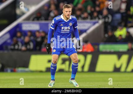 Leicester, Großbritannien. 03. Januar 2023. Jamie Vardy #9 von Leicester City während des Premier League-Spiels Leicester City gegen Fulham im King Power Stadium, Leicester, Großbritannien, 3. Januar 2023 (Foto von Mark Cosgrove/News Images) in Leicester, Großbritannien, am 1./3. Januar 2023. (Foto: Mark Cosgrove/News Images/Sipa USA) Guthaben: SIPA USA/Alamy Live News Stockfoto