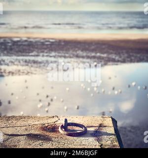 Rostiger Metallring an einer gerissenen Betonwand mit Blick auf den Strand und die Seevögel Stockfoto