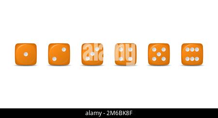 Vector 3D realistisch orangefarbenes Spiel Würfel Symbol isoliert. Spielwürfel für Glücksspiel, Spielwürfel von 1 bis 6 Punkten, runde Kanten Stock Vektor