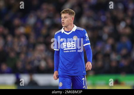 Leicester, Großbritannien. 03. Januar 2023. Harvey Barnes #7 von Leicester City während des Premier League-Spiels Leicester City gegen Fulham im King Power Stadium, Leicester, Großbritannien, 3. Januar 2023 (Foto von Mark Cosgrove/News Images) in Leicester, Großbritannien, am 1./3. Januar 2023. (Foto: Mark Cosgrove/News Images/Sipa USA) Guthaben: SIPA USA/Alamy Live News Stockfoto