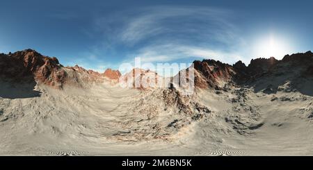 Felsenpanorama in der Wüste. Hergestellt mit einer 360°-Objektivkamera ohne Nähte. Bereit für virtuelle Realität Stockfoto