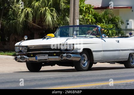 Amerikanischer weißer Cadillac-Klassiker caron die Straße in Varadero Cuba - Serie Kuba 2016 Reportage Stockfoto