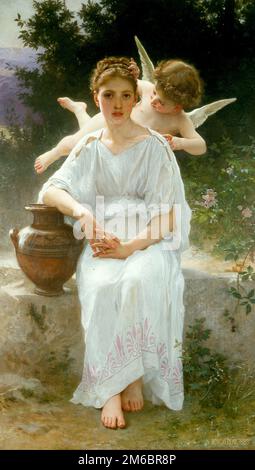 Le Chant D'Amour (der Sohn der Liebe), auch bekannt als Les murmures de l'Amour (Flüstern der Liebe) und Première Rêverie (erster Reverie), gemalt vom französischen Maler William-Adolphe Bouguereau aus dem 19. Jahrhundert im Jahr 1889. Der Künstler nannte es Le Chant D'Amour, aber er wurde von dem Kunsthändler, der es kaufte, in Première Rêverie umbenannt und später wieder in Les Murmures D'Amour benannt. Es zeigt, wie Amor einem jungen Mädchen ins Ohr flüstert. Stockfoto