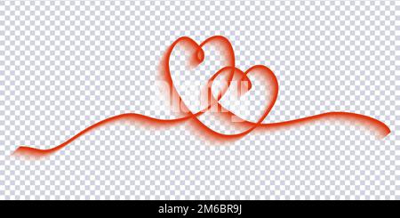 Zwei Herzen Formen eine Mono-Linie. Durchgehende rote Linienzeichnung des Liebeszeichens auf transparentem Hintergrund. Vektordesign für Valentinstag, Hochzeit, Einladung Stock Vektor
