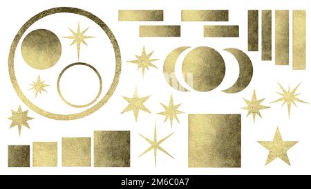 Set aus goldenem Mond, Sternen, Quadraten, Rechtecken und Kreisen für Design-Elemente für Hochzeit, Weihnachten, Neujahr, Geburtstag, Karten, Aufkleber, Banner. Stockfoto