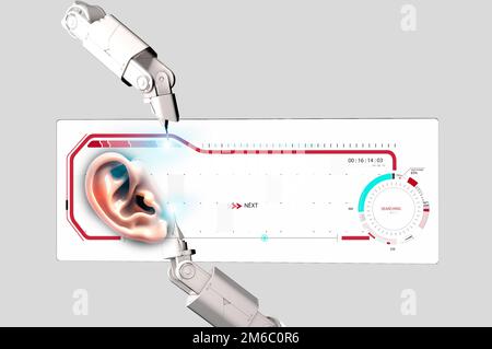 Roboterarm und transparentes Display. Hud. Ohruntersuchung. Hörprobleme und Lösungen. Ultraschall. Schwerhörigkeit. Zunehmendes Alter und Hörverlust Stockfoto