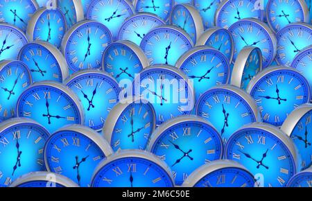 Raum und Zeit. Viele blaue runde Uhr. 3D Abbildung. Stockfoto